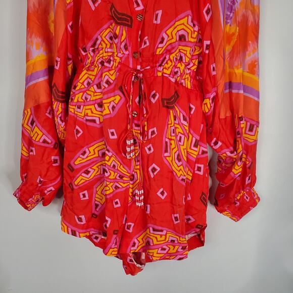 Farm Rio Tiki Bananas Scarf Long Sleeve Mini Romper Red Latinx Size Medium - Picture 6 of 12